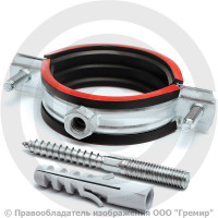 Хомут крепежный оцинкованный с резиновой прокладкой Ду-100 (Дн 108-116) (4") М8 в/к винт-шуруп, дюбель Хомут крепежный оцинкованный с резиновой прокладкой Ду-100 (Дн 108-116) (4") М8 в/к винт-шуруп, дюбель