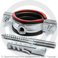 Хомут крепежный оцинкованный с резиновой прокладкой Ду-50 (Дн 59-66) (2") М8 в/к винт-шуруп, дюбель Хомут крепежный оцинкованный с резиновой прокладкой Ду-50 (Дн 59-66) (2") М8 в/к винт-шуруп, дюбель