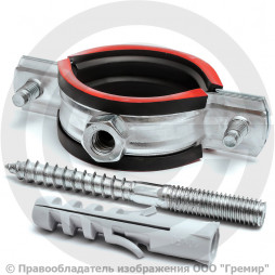 Хомут крепежный оцинкованный с резиновой прокладкой Ду-50 (Дн 59-66) (2") М8 в/к винт-шуруп, дюбель