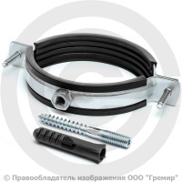 Хомут крепежный оцинкованный с резиновой прокладкой Ду-100 (Дн 108-114) ±2мм М10 в/к винт-шуруп, дюбель Хомут крепежный оцинкованный с резиновой прокладкой Ду-100 (Дн 108-114) ±2мм М10 в/к винт-шуруп, дюбель