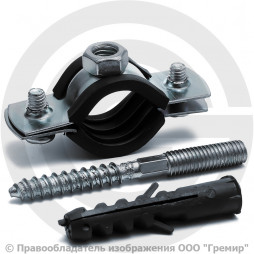 Хомут крепежный оцинкованный с резиновой прокладкой Ду-15 (Дн 20-25) (1/2") М8 в/к винт-шуруп, дюбель Strongman