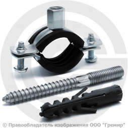 Хомут крепежный оцинкованный с резиновой прокладкой Ду-20 (Дн 26-30) (3/4") М8 в/к винт-шуруп, дюбель Strongman