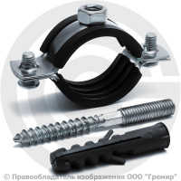 Хомут крепежный оцинкованный с резиновой прокладкой Ду-25 (Дн 32-35) (1") М8 в/к винт-шуруп, дюбель Strongman Хомут крепежный оцинкованный с резиновой прокладкой Ду-25 (Дн 32-35) (1") М8 в/к винт-шуруп, дюбель Strongman