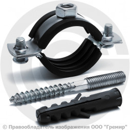 Хомут крепежный оцинкованный с резиновой прокладкой Ду-25 (Дн 32-35) (1") М8 в/к винт-шуруп, дюбель Strongman