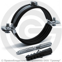 Хомут крепежный оцинкованный с резиновой прокладкой Ду-65 (Дн 75-80) (2 1/2") М8 в/к винт-шуруп дюбель Strongman